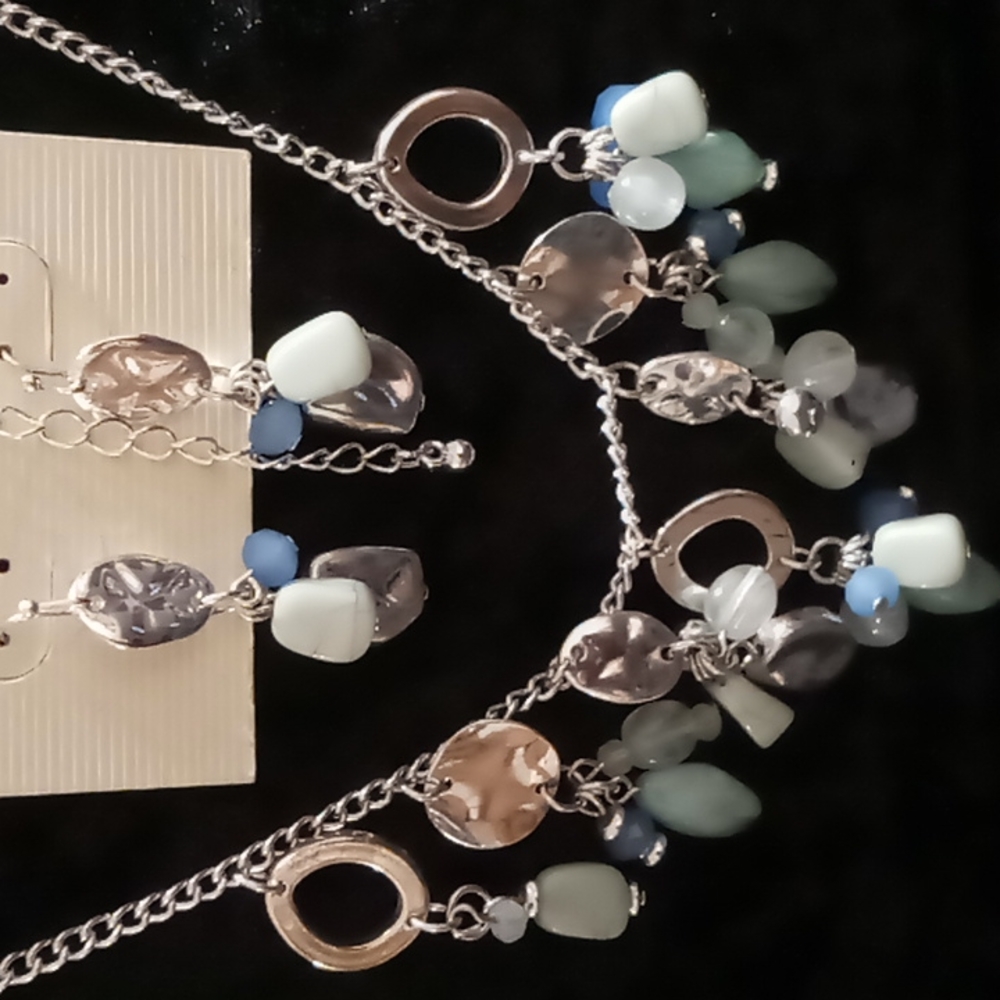 Christopher Banks Necklace &: earrings set. Jadeite & blue crystal. 18+2 inch